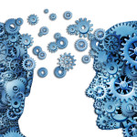 Learn and lead teamwork and Leadership as an education symbol represented by two human heads frontal and side view shaped with gears as a brain idea made of cogs representing working together as a team in partnership.